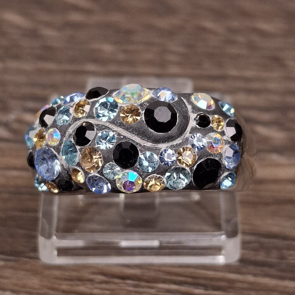 Fossil 925 Sterling Silver Multicolor AB Rhinestone Pavé Dome Ring Size 7
